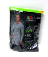 Fruit Of The Loom Men's Medium 38-40 Thermal Henley Black Crew Shirt New