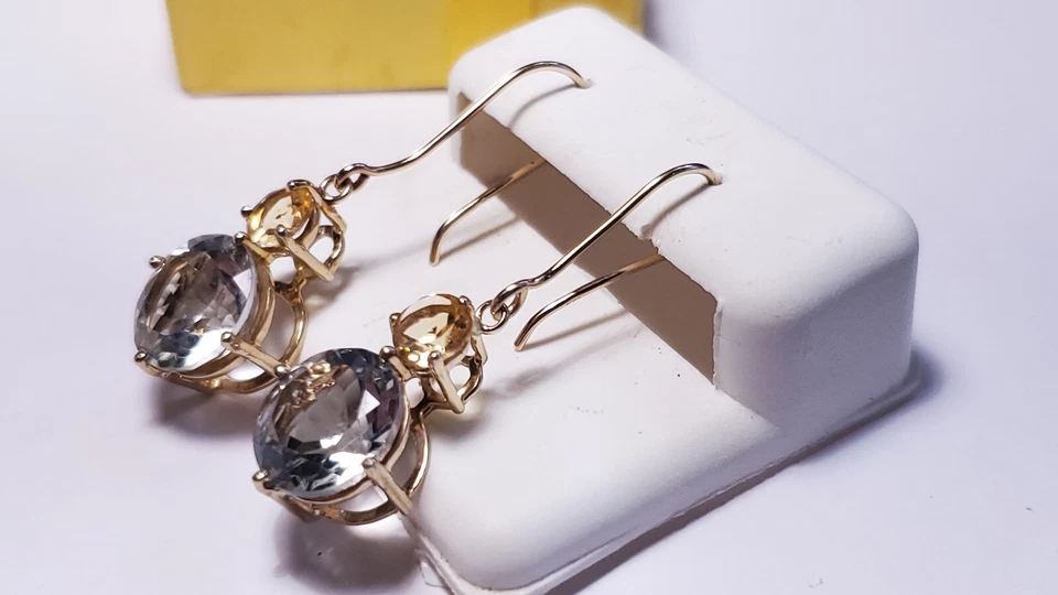 Estate 7.0ctw Natural Green Beryl and Citrine 14Kt YG basket drop Earrings#22138 Foto 3 de 4