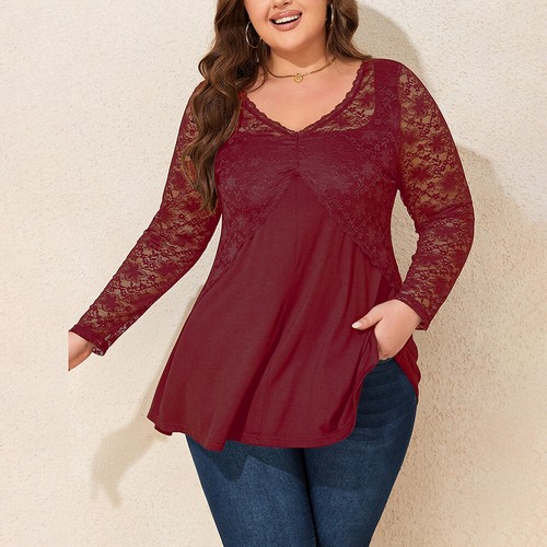 Plus Size Womens Sexy Lace V-Neck Tunic Tops Ladies Slim Fit Blouse T Shirts Tee - Bild 3 von 27