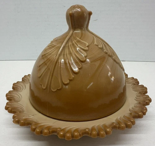 Vintage Greentown Chocolate Slag Glass Leaf Covered Footed Butter Dish