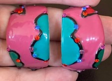 Vintage Mod Glossy Pink Green Enamel Rhinestone Half Hoop Earrings
