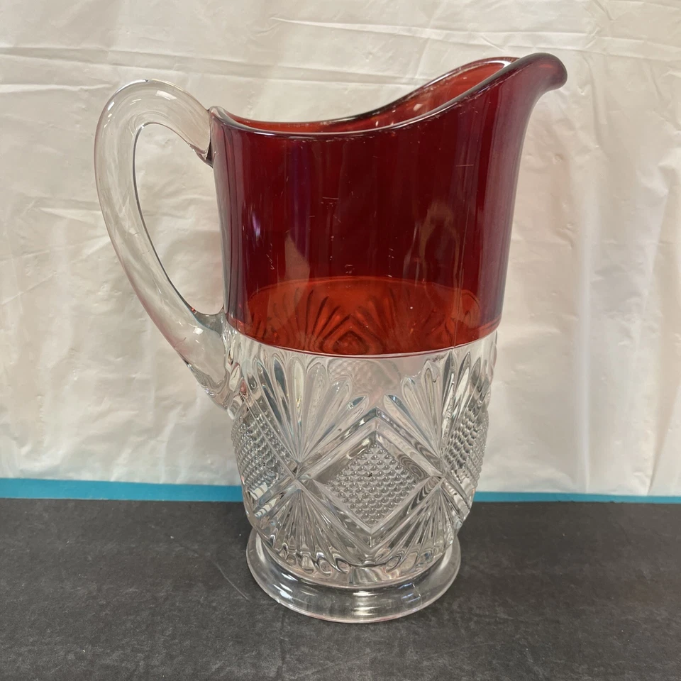 Ruby Red Glass Carved Starburst Handled Pitcher - Image 3 of 4