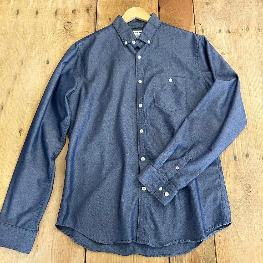 EXPRESS Men's 1MX Extra-Slim Fit Dress Shirt Blue Jacquard Cotton Stretch Long Sleeve EXPRESS Men's 1MX Extra-Slim Fit Dress Shirt Blue Jacquard Cotton Stretch Long Sleeve