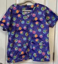 Spring Women  s Scrub Top Cottonality Purple Fire Flies Bugs Size Large