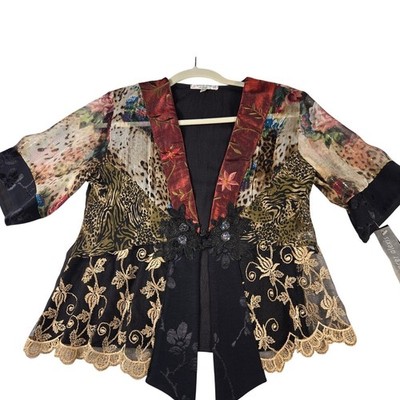 Spencer Alexis Petite Mixed Media Patchwork Silk Blnd Jacket Floral Animal Print