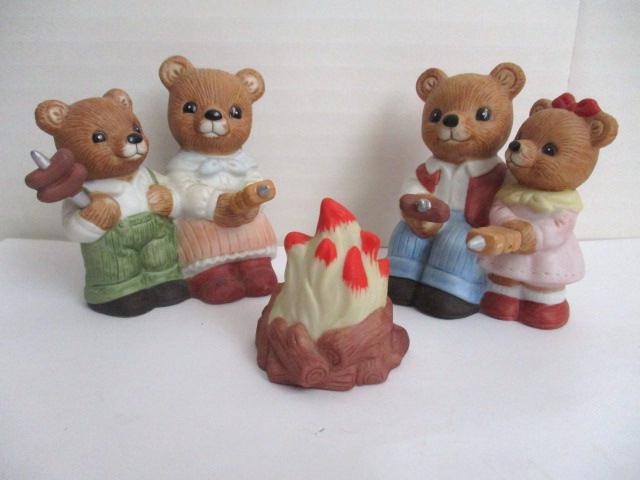 Vtg Homco Three Piece Campfire/Camping/Picnic Bear Family 1446