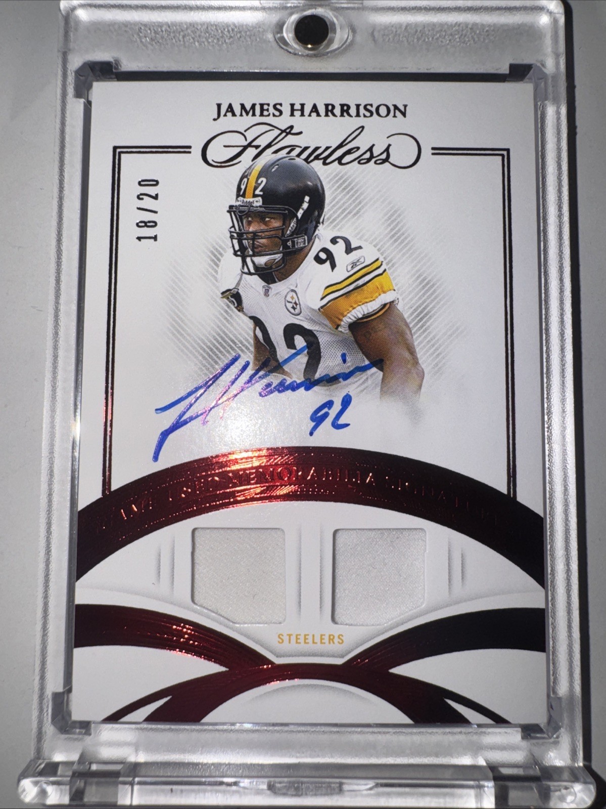 2025 Panini Flawless James Harrison Game Worn Patch Auto Ruby /20 No. GUMS-JHN