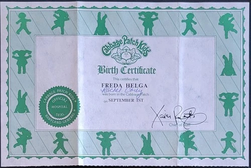Vintage Cabbage Patch Kids Birth Certificate Girl ~ Freda Helga ~ Coleco 1980's