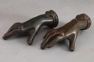 2 Antique Bronze & Cast Iron Ladies Victorian Hand & Ring Sculpture Paperweights