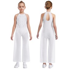US Girl Latin Jazz Dance Jumpsuit Shiny Rhinestone Ballet Leotard Wide Leg Pants