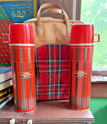 Vintage Thermos King Seeley Picnic Set 2 Metal Thermos W  Plaid Bag