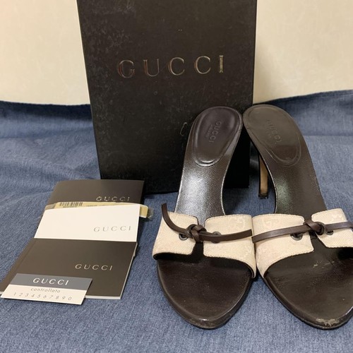 GUCCI Mules Sandals Heel GG Ribbon Canvas Beige EU36.5/US6.5 71503c - Picture 21 of 24