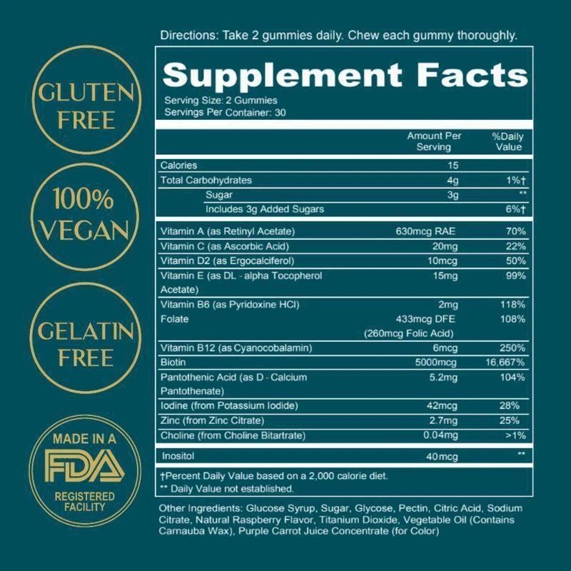 1-3 PACK Cabello Piel y Uñas Gomitas Apoya Cabello Saludable Vegano Biotina Vitaminas Foto 3 de 4