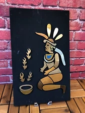 Vintage 1960's MAYAN AZTEC Los Castillo COPPER BRASS STONE INLAY Wall Sculpture
