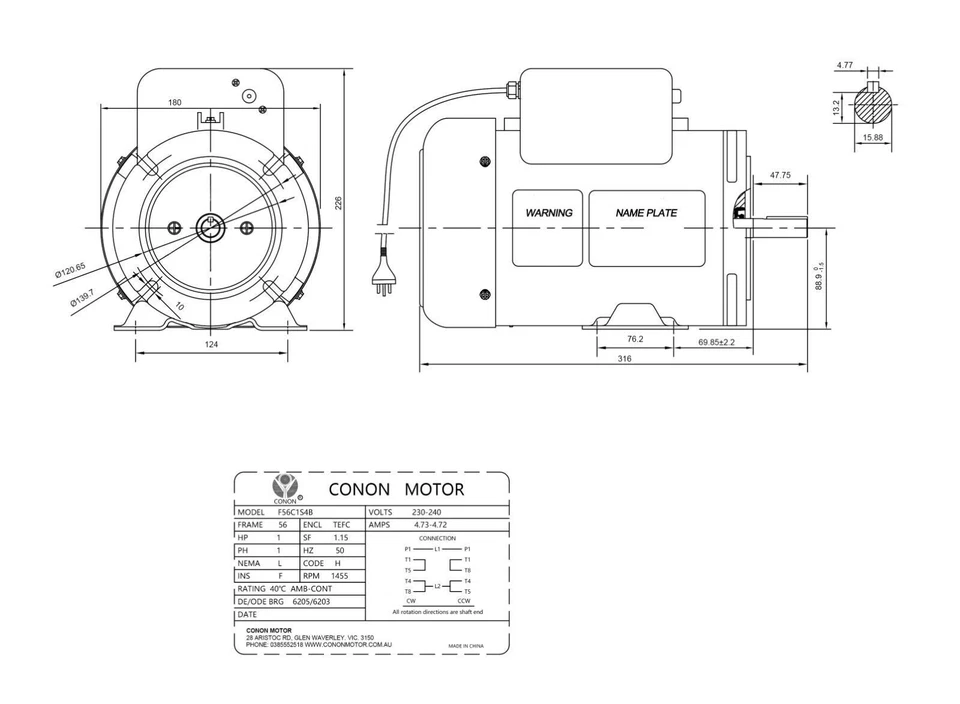 Single Phase NEMA Electric Motor 240V 0.75kW 1HP 1400rpm FRAME 56 1Ph CSCR 5/8" - Image 3 of 3