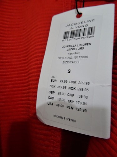 Small JACQUELINE De YONG fiery red ribbed JDYFRILLA L/S JACKET 31 inches long - Picture 6 of 16