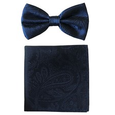 New formal Men's polyester pre-tied bow tie hankie paisley navy blue wedding