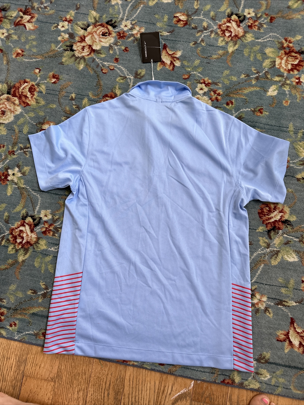 NWT Nike Golf Boys Youth Dri-Fit XL Polo Shirt  Light Blue Stripe Coral Swoosh