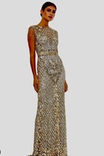 NEW Mac Duggal 16 4908 High Neck Sleeveless Beaded Fringe Gown 598 Platinum Gold
