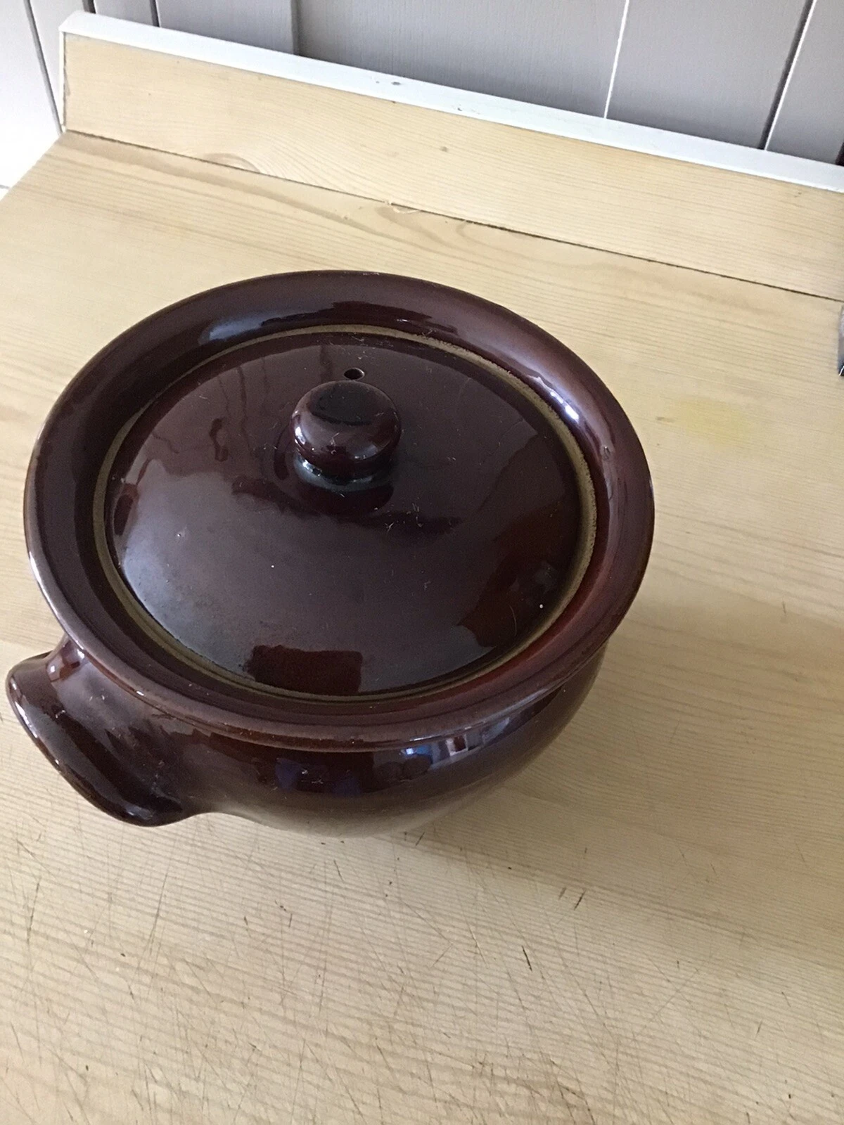 Vintage Earthenware Lidded Cooking Stock pot Brown Glazed Pot