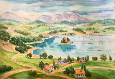Blue Lake Green Hills Swiss Village Wall Art Mountain Watercolor. 11,5 x 16,25