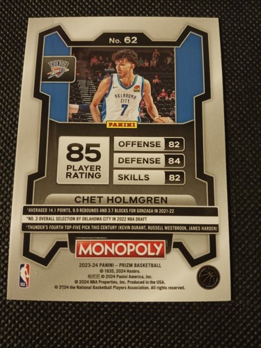 Tarjeta de la NBA Chet Holmgren Panini Prizm Monopoly 2023 #62 Okc Thunder Gonzaga - Imagen 2 de 2