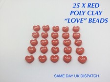 25 X RED “LOVE” HEART  FIMO POLYMER CLAY BEADS - CRAFT JEWELLERY SPACER BEADS 