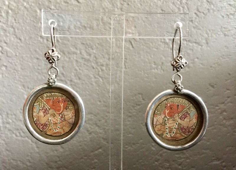 Old Ganesha Earrings Hand Painted Miniatures Under Glass Bezel Set in Silver