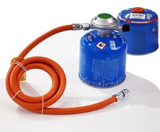 Butane Gas Hose Pressure Reducer Connection Set 150cm / 50mbar + 2x Cartridge 500g