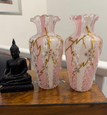 Pair Antique Harrach Victorian Pink Hand painted Glass Vase Bohemian Style 18cm