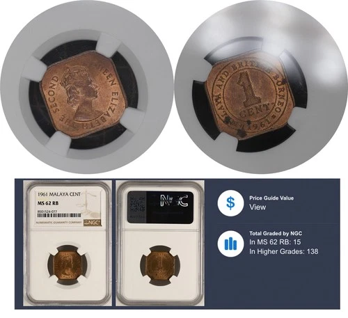 MS62 RB NGC 1 Cent 1961 Malaysia Coin Malaya Queen Elizabeth II # 5