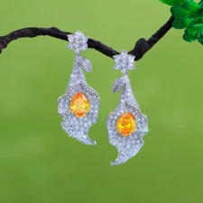 Luxurious  Silver Plated CZ Women Flower Micro Pave Yellow Drop Dangle Earrings