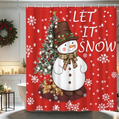 Cute Snowman Christmas Shower Curtain Farmhouse Winter Xmas Theme Fabric
