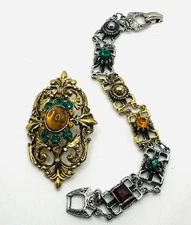LOT Vtg Victorian Revival Hollywood Topaz Cab Brooch & Rhinestone Bracelet