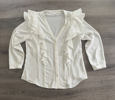 Veronica Beard Women's Size 6 White Ruffle Shoulder Blouse Button Up V-Neck Top
