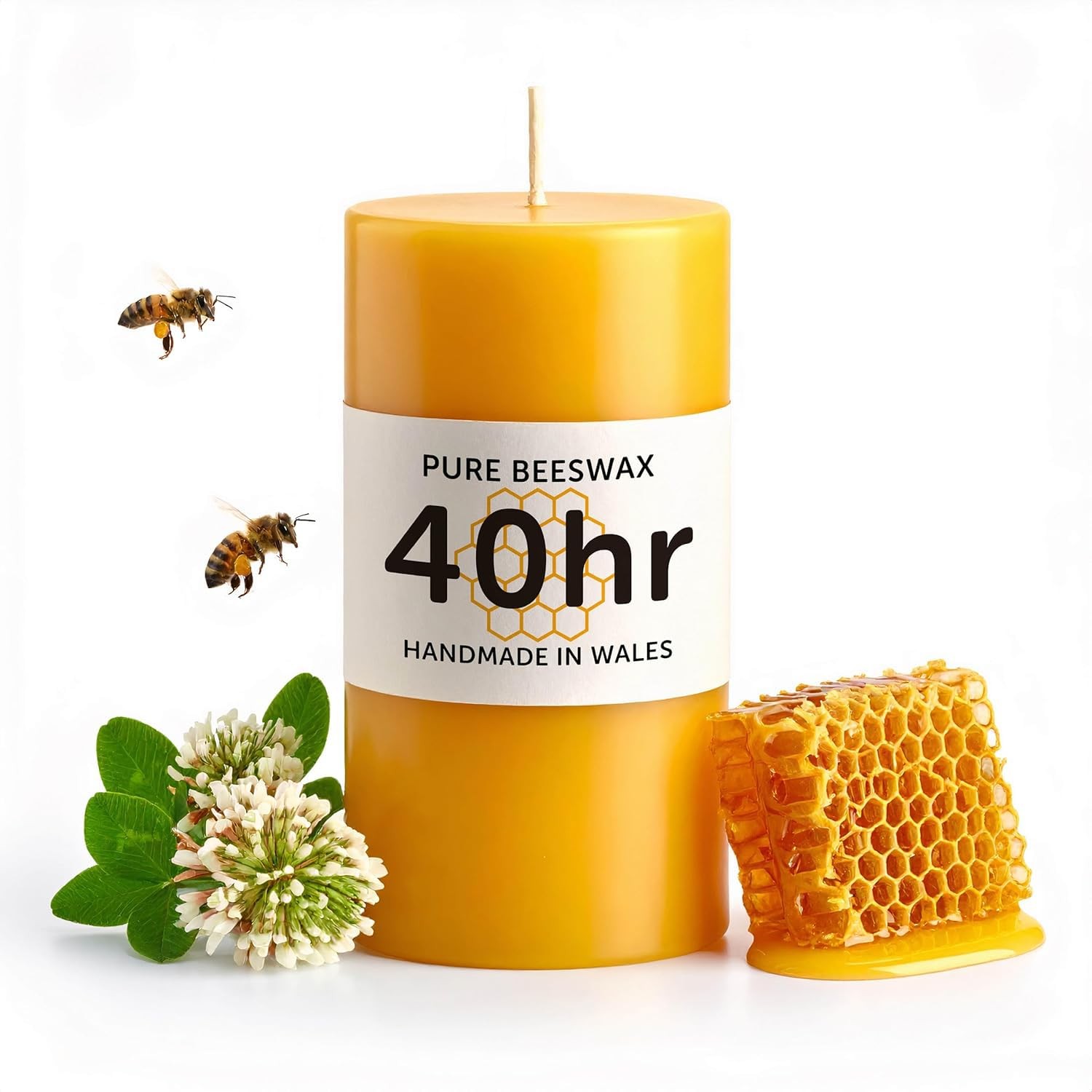 40hr Pure Beeswax Pillar Candle - Handmade in Wales - Natural Beeswax Candles fo