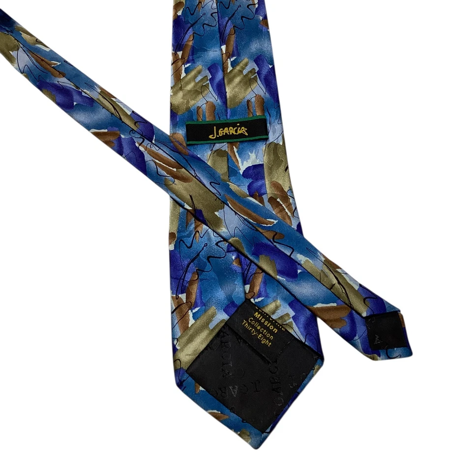 Corbata de diseñador J. GARCIA 100 % seda para hombre CALIFORNIA MISSION #38 azul/marrón usada en excelente estado Foto 3 de 3