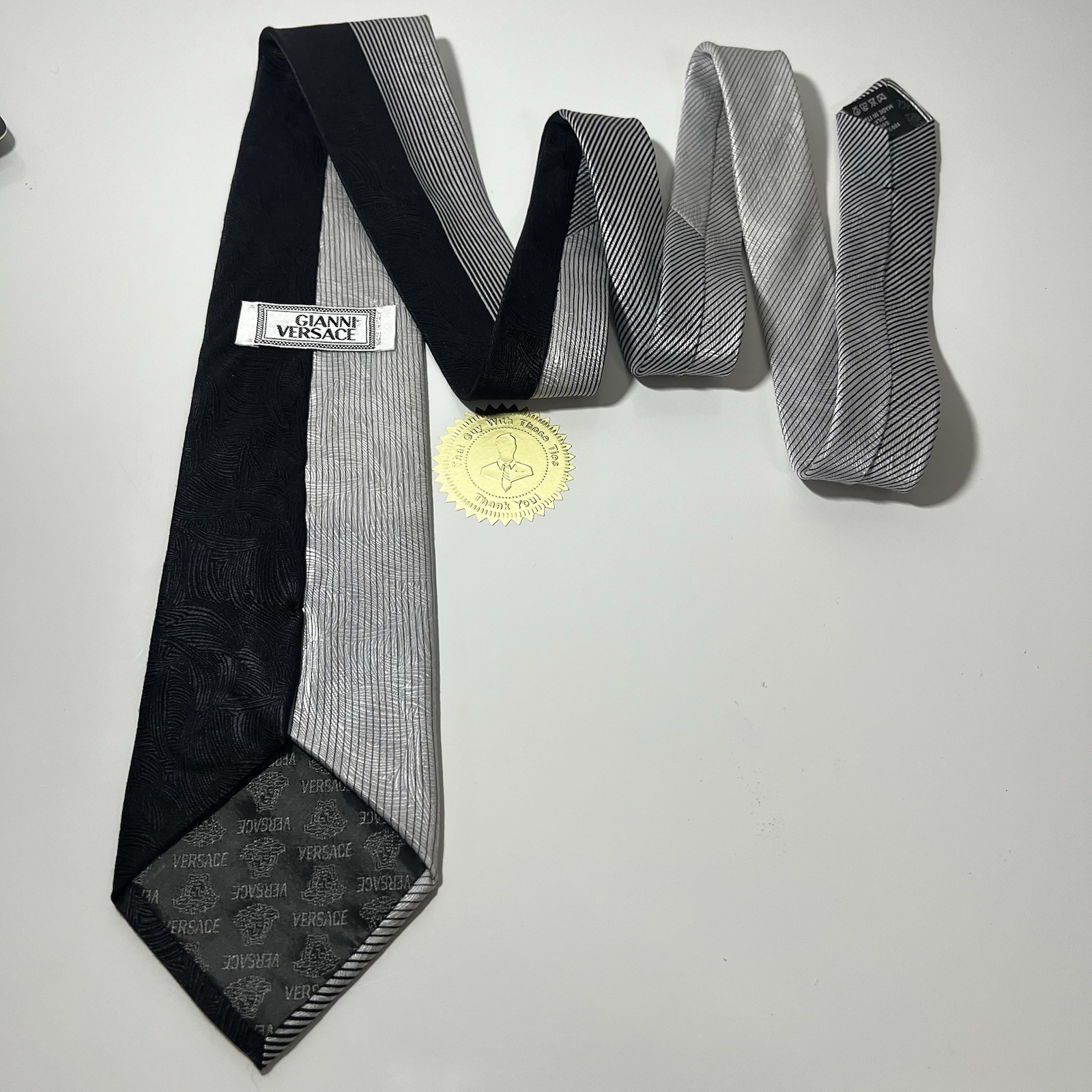 VERSACE Black&Silver Split Pattern Silk Luxury Ti… - image 5