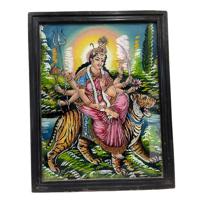 Vintage alte antike schöne feine Göttin Durga Glasmalerei im Holzrahmen