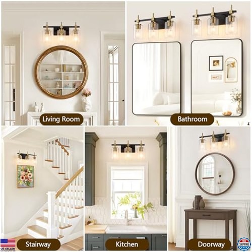 3-Light Black Gold Bathroom Vanity Light Fixture, Textured Glass Shade, Modern - Picture 6 of 7