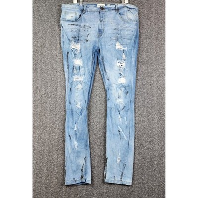 FWRD Denim Jeans Mens 40 Light Wash Distressed Black Paint Splatter Skinny Moto