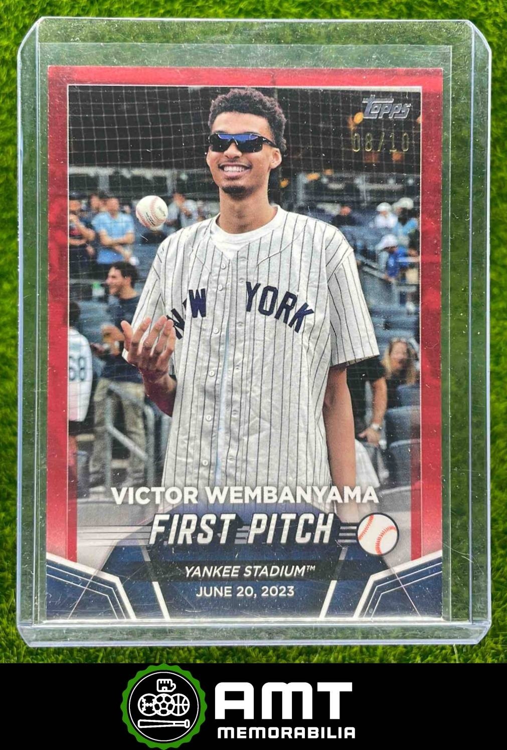 Victor Wembanyama 2024 Topps Red 8/10 First Pitch FP-1 Spurs New York Yankees RC