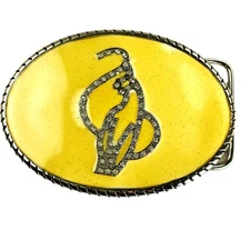 Cat Design Interchangeable Belt Buckle Bing Rhinestone Yellow Ova Silver Tone Ac