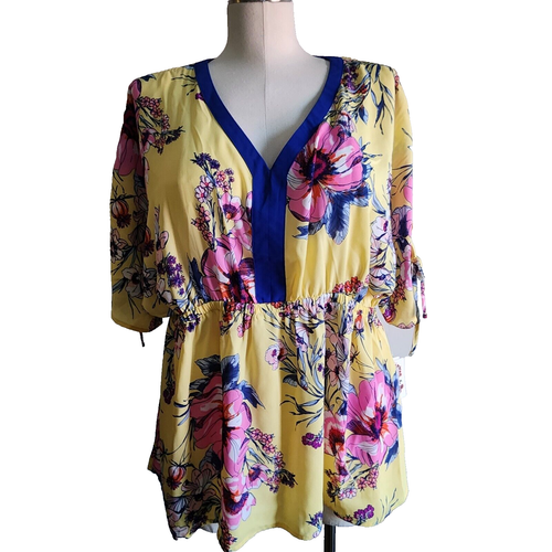 The Pioneer Woman Blouse Women Size XL Yellow Floral Tunic Pull Over 3/4 Sleeve