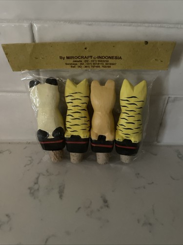 Katze handbemalt Holz mit Korken Flaschenstopfen 4er Set aus Indonesien Neu in Verpackung - Bild 2 von 4