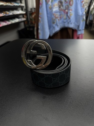 Gucci Black Monogram Belt GG Buckle Silver 100% Authentic 95/38