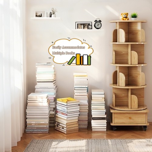5 Tier Rotating Bookshelf, 360° Display Round Spinning Bookshelf with Wheels - Picture 6 of 10