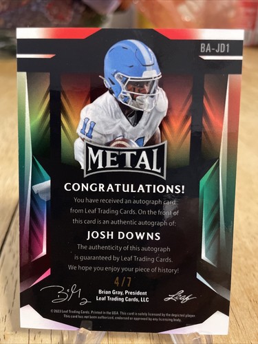 2023 Leaf Metal Draft JOSH DOWNS Purple Prismatic /7 RC Autograph Low Numbered! - Picture 2 of 3