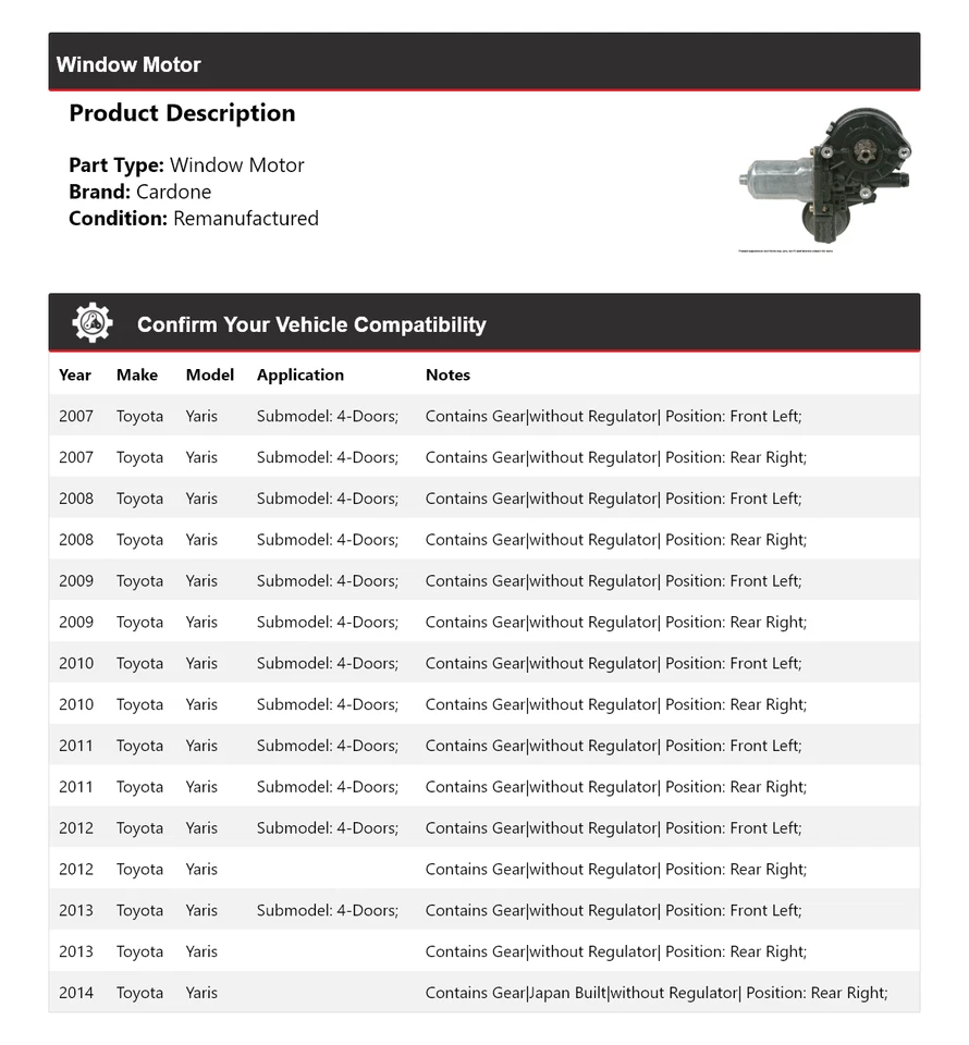 Для 2007-2014 Toyota Yaris окно двигателя Cardone 2008 2009 2010 2011 2012 2013 - Изображение 2 из 4