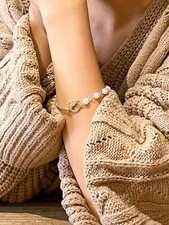 Bracciale Braccialetto Donna decorazione di perle colore dorato Lunghezza: 18 cm
